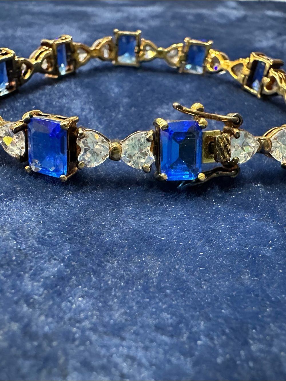 Sterling Silver Bracelet with Sapphire Blue Square Stones and Cubic Zirconia